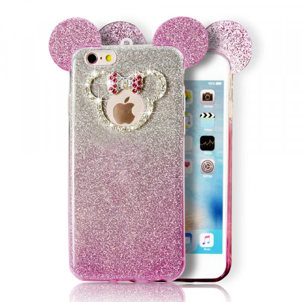 Wholesale iPhone 7 Plus Minnie Bow Diamond Glitter Necklace Strap Case (Hot Pink)